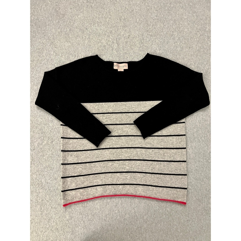 Philosophy Cashmere Sweater Womens Small Long Sleeve Pullover Striped Black Gray